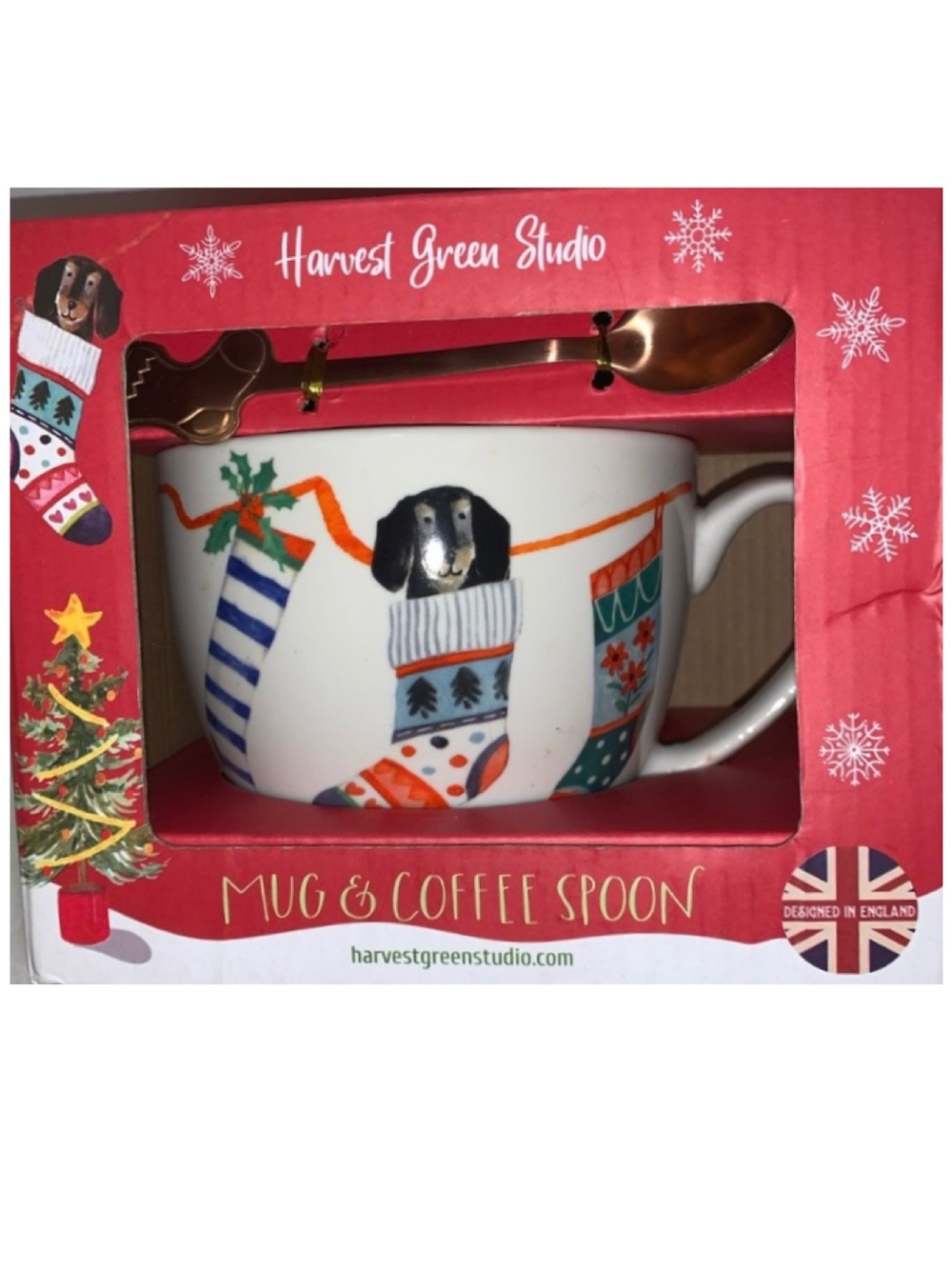 🎄🧑‍🎄 Harvest Green Christmas Stocking Dachshund Dog Mug Rose Gold Spoon NIB